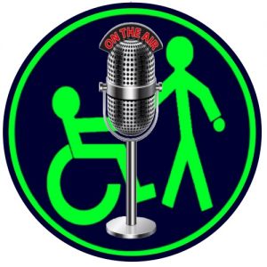 AccessTALK with Trish - logo - retro mic with 2 stick men in behind shaking hands, 1 standing the other in a wheelchair