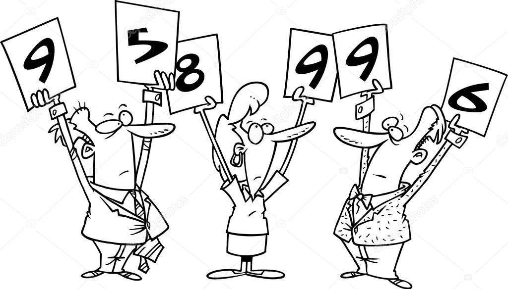 cartoon of 3 judges holding up score cards 1024x584