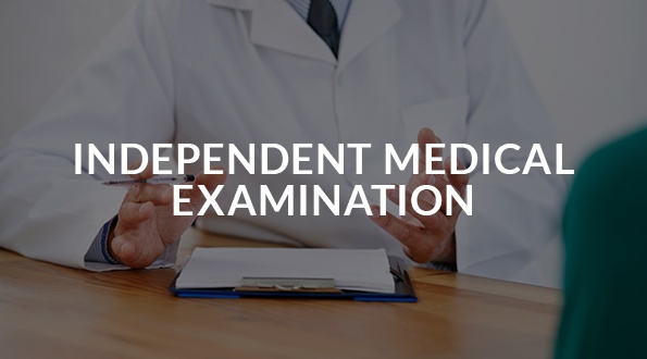 independant medical examination - doctor in faded background text in foreground