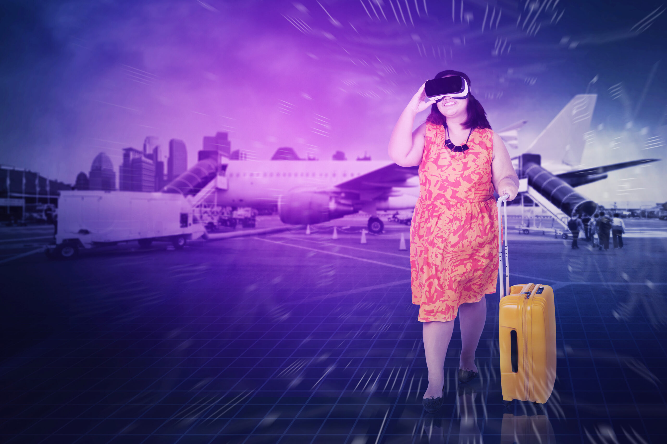 woman wearing VR goggles in the airport